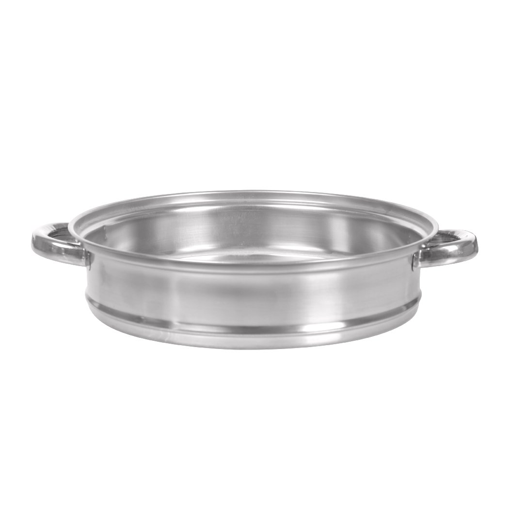 4 Tier Stainless Steel Steamer with glass lid, showcasing its multiple layers and sleek design, ideal for cooking meat and vegetables.