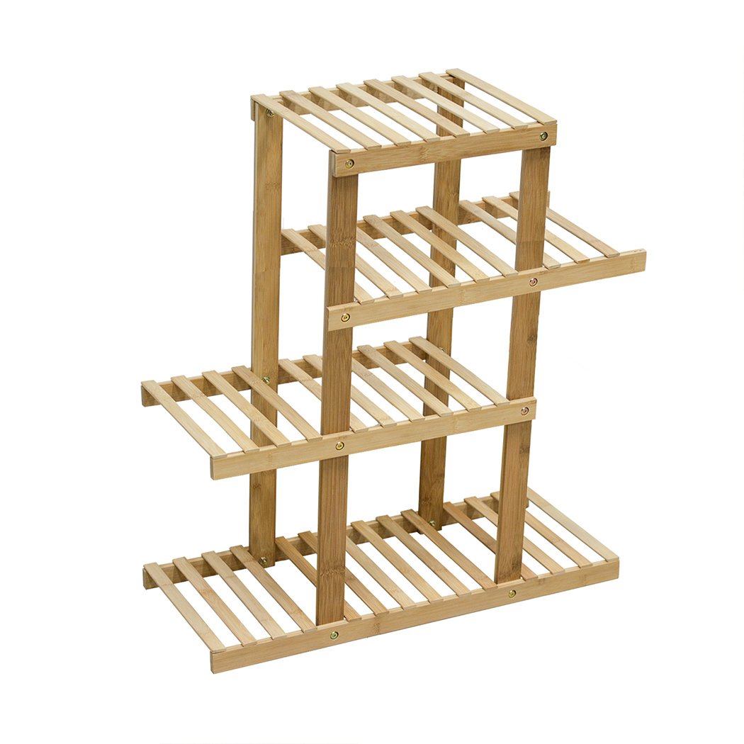 4 Tiers Premium Bamboo Wooden Plant Stand showcasing multiple plants in a stylish arrangement, suitable for indoor and outdoor use.