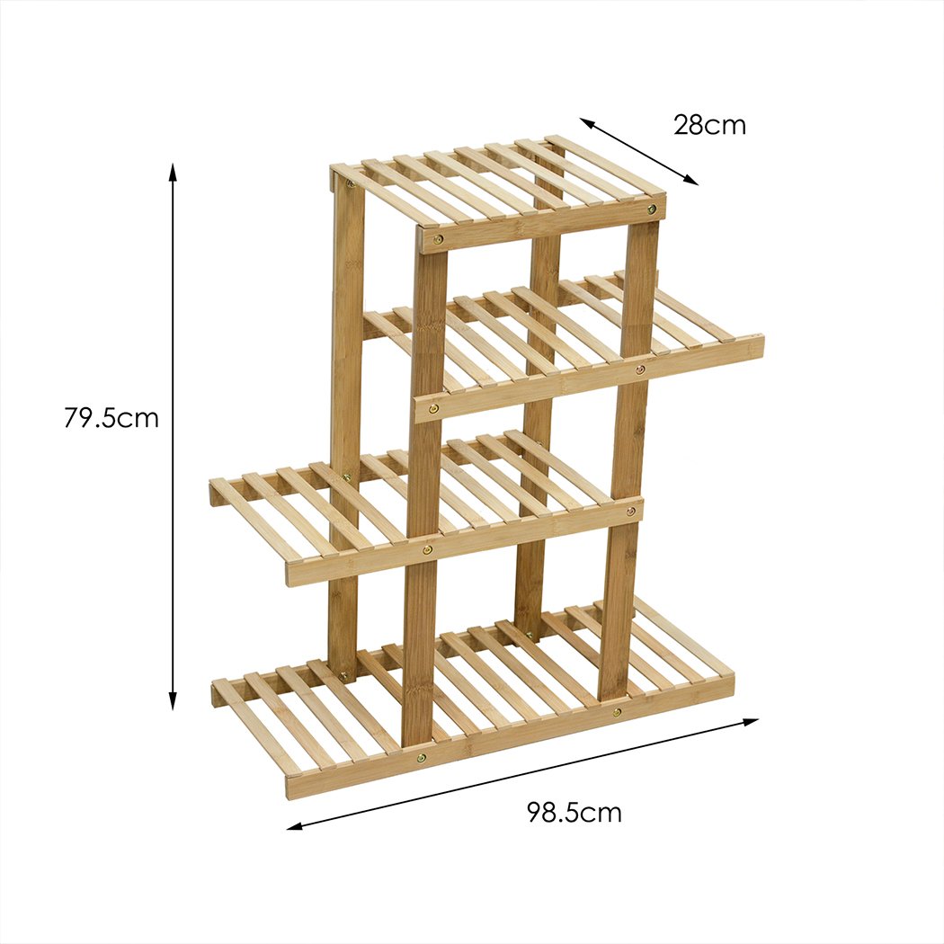 4 Tiers Premium Bamboo Wooden Plant Stand showcasing multiple plants in a stylish arrangement, suitable for indoor and outdoor use.