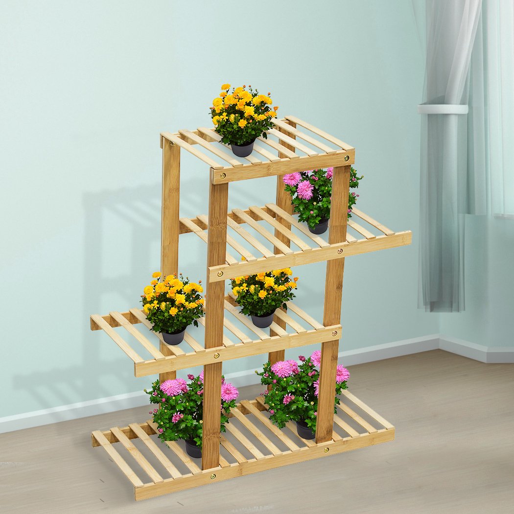 4 Tiers Premium Bamboo Wooden Plant Stand showcasing multiple plants in a stylish arrangement, suitable for indoor and outdoor use.