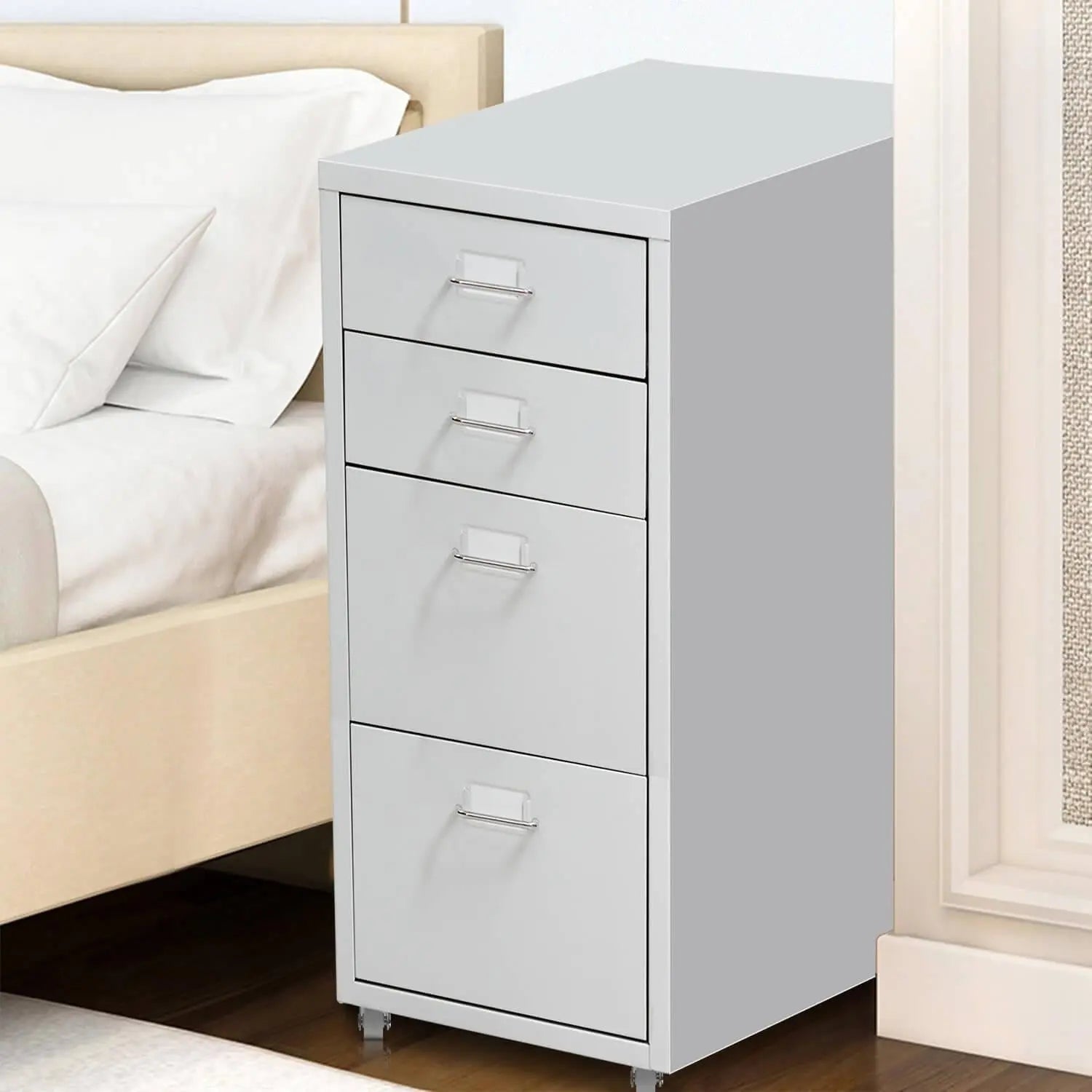 4 Tiers Steel Orgainer Metal File Cabinet with drawers, featuring a white powder-coated finish and heavy-duty castors for mobility.