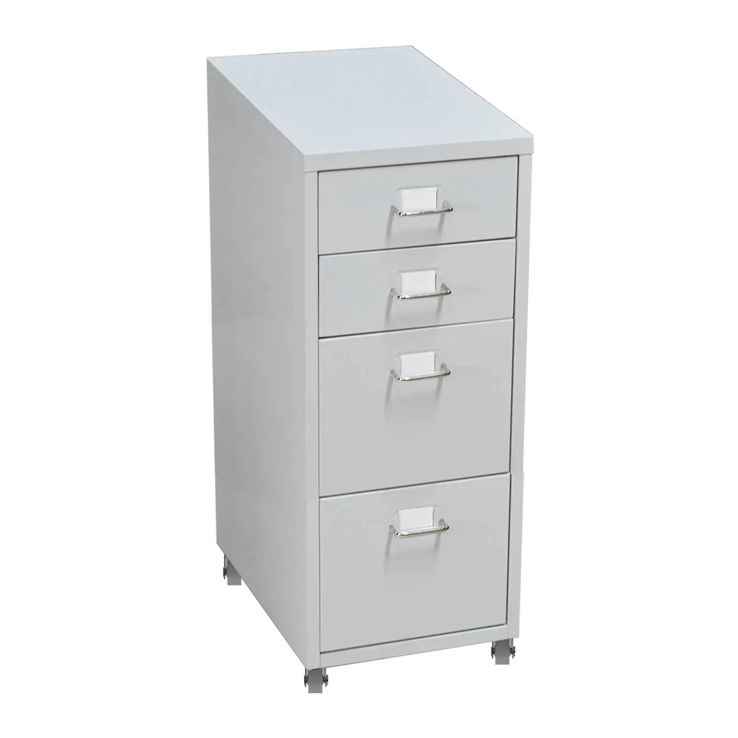 4 Tiers Steel Orgainer Metal File Cabinet with drawers, featuring a white powder-coated finish and heavy-duty castors for mobility.