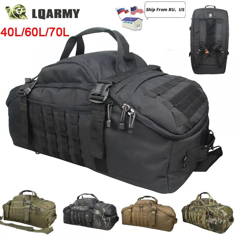 A collection of 40L, 60L, and 70L waterproof travel bags in various colors, showcasing their large capacity and durable design.