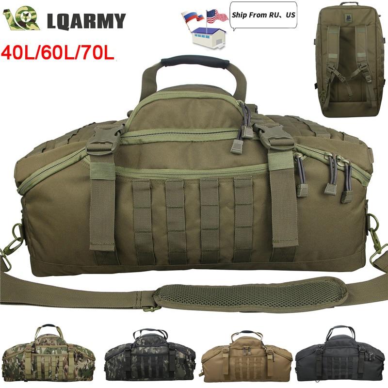 A collection of 40L, 60L, and 70L waterproof travel bags in various colors, showcasing their large capacity and durable design.