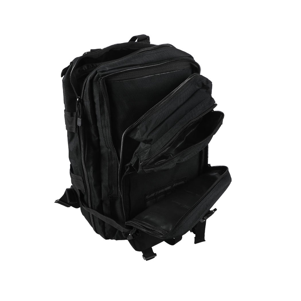 40L Military Tactical Backpack in black, featuring multiple compartments, adjustable straps, and waterproof fabric, ideal for hiking and camping.