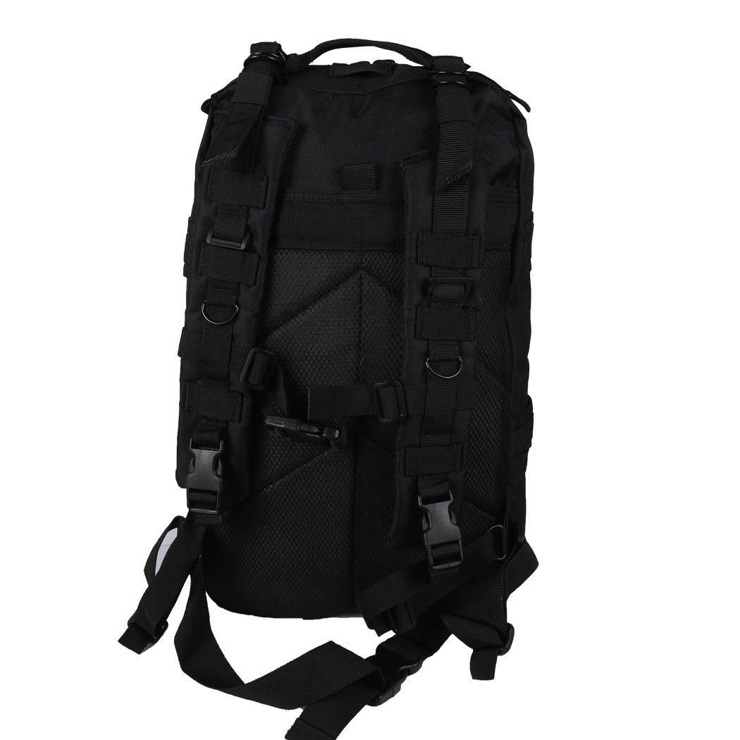 40L Military Tactical Backpack in black, featuring multiple compartments, adjustable straps, and waterproof fabric, ideal for hiking and camping.