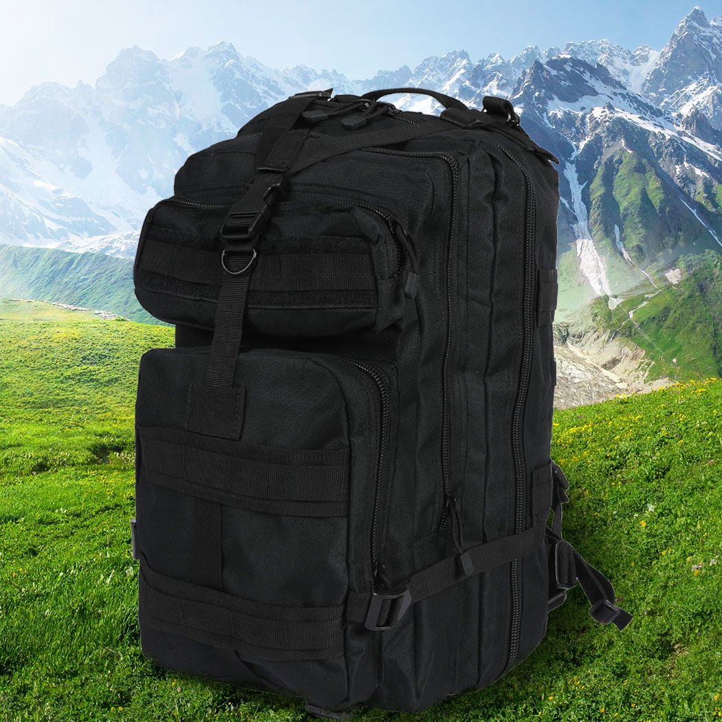 40L Military Tactical Backpack in black, featuring multiple compartments, adjustable straps, and waterproof fabric, ideal for hiking and camping.