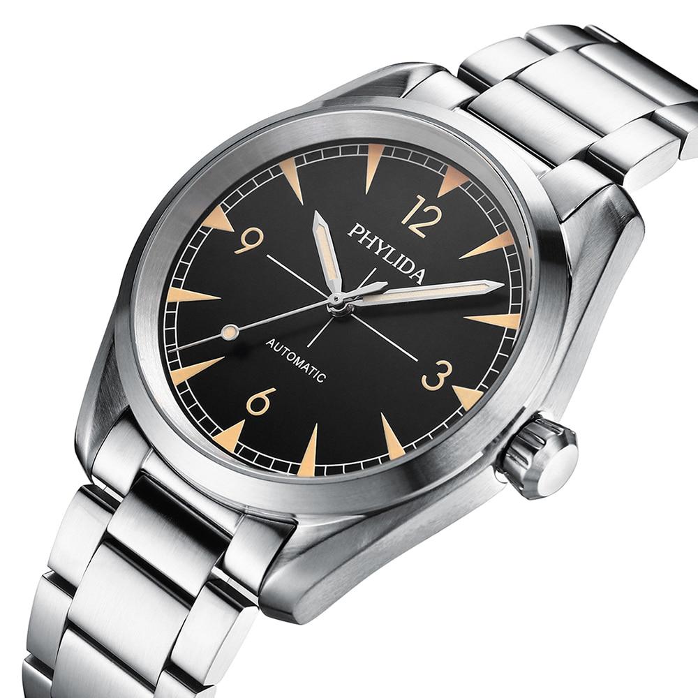 40mm Men's Automatic Watch featuring a classic black dial, stainless steel case, and luminous hands, ideal for business and casual wear.