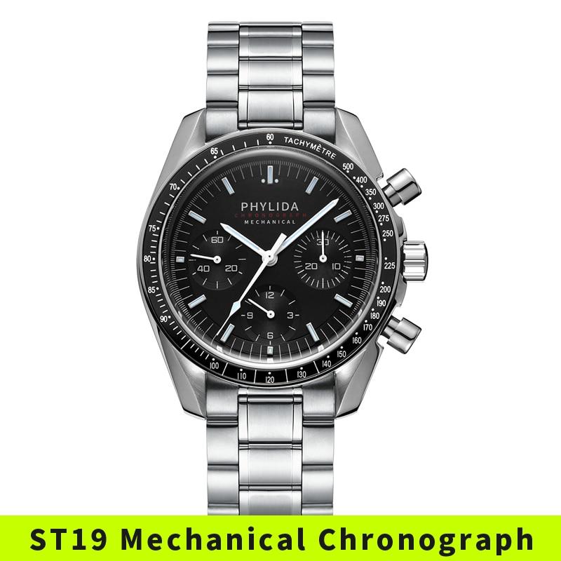 40mm Men's Watch ST19 Mechanical Chronograph with black dial, stainless steel case, and luminous hands.