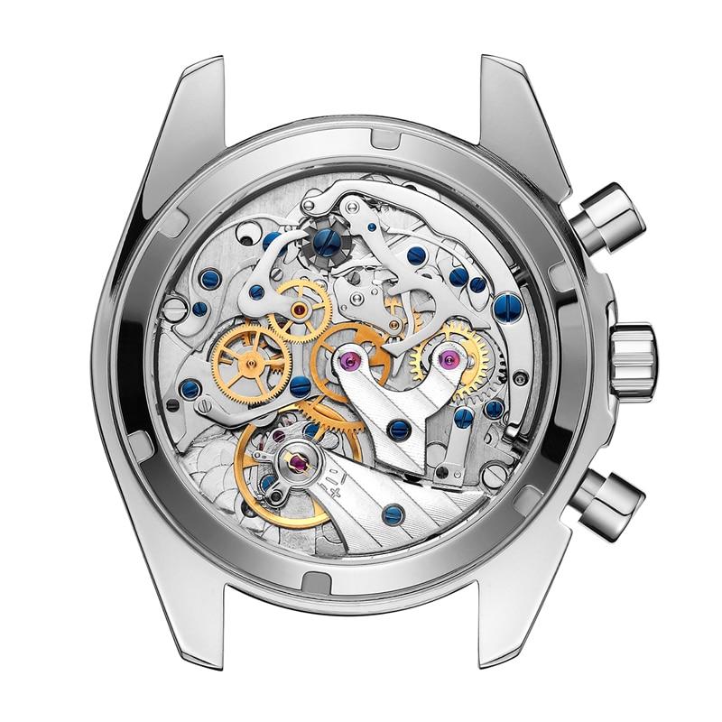 40mm Men's Watch ST19 Mechanical Chronograph with black dial, stainless steel case, and luminous hands.