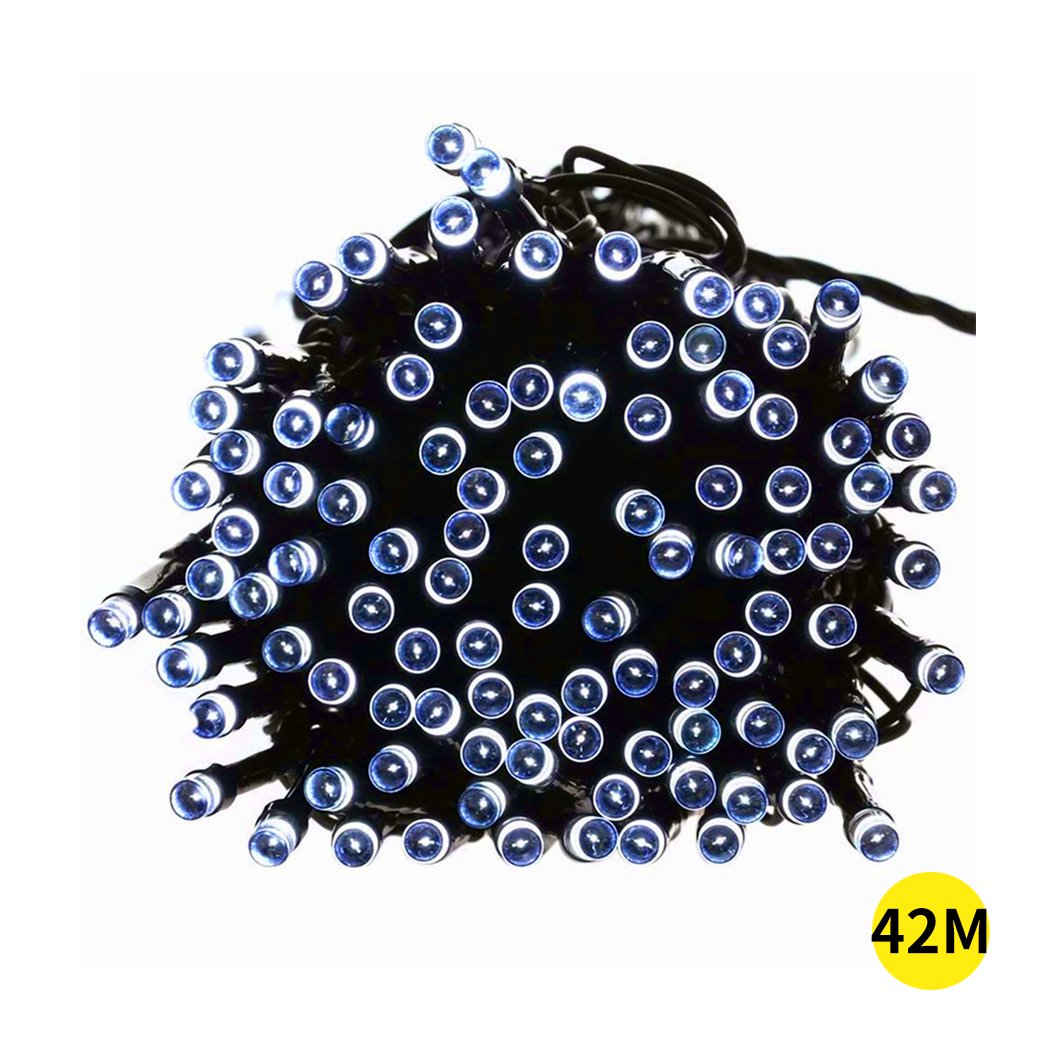 42M 400LED solar-powered fairy lights string, perfect for outdoor and indoor decoration, showcasing bright cool white LEDs.