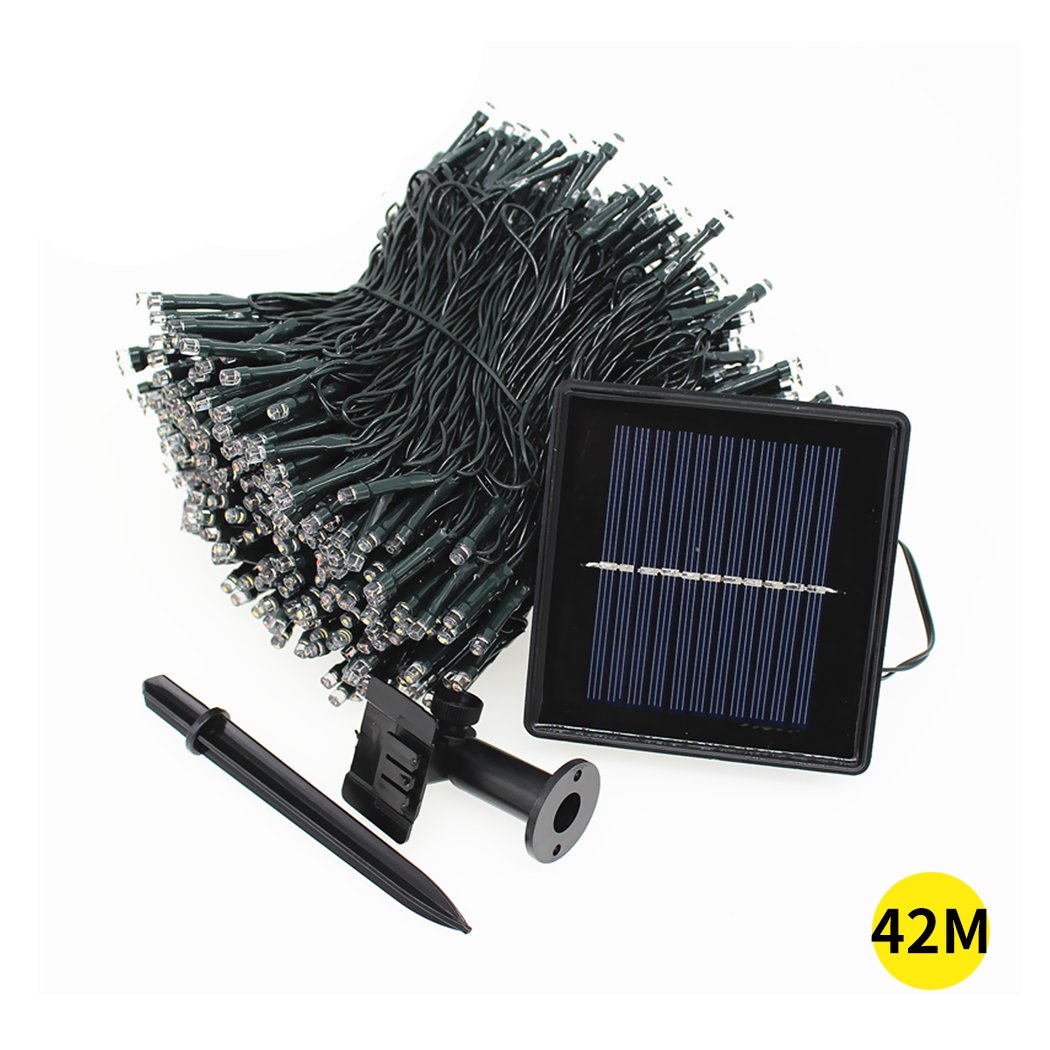 42M 400LED solar-powered fairy lights string, perfect for outdoor and indoor decoration, showcasing bright cool white LEDs.