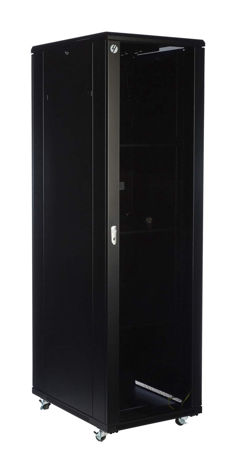 42RU 600mm Wide x 800mm Deep Server Rack with lockable tempered glass front door and solid steel side panels, showcasing its robust design.