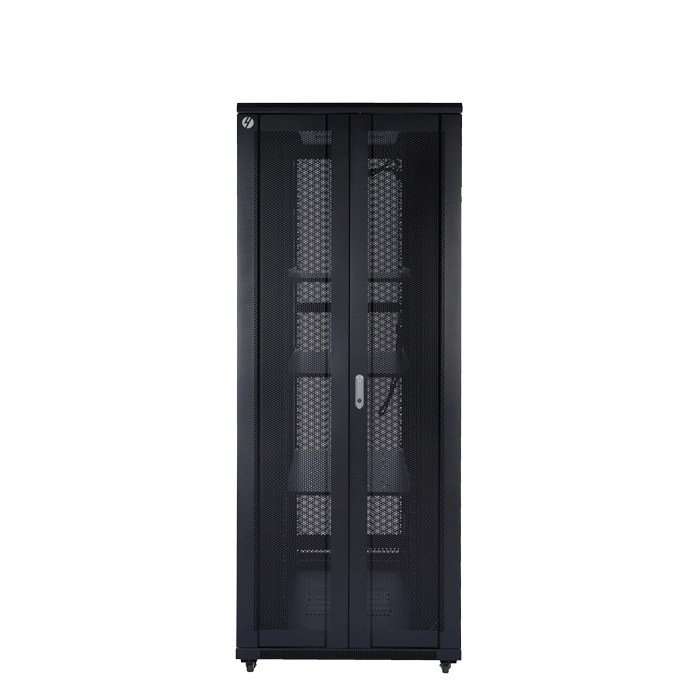 42RU server rack with bi-fold mesh door, showcasing its sturdy construction and lockable features.