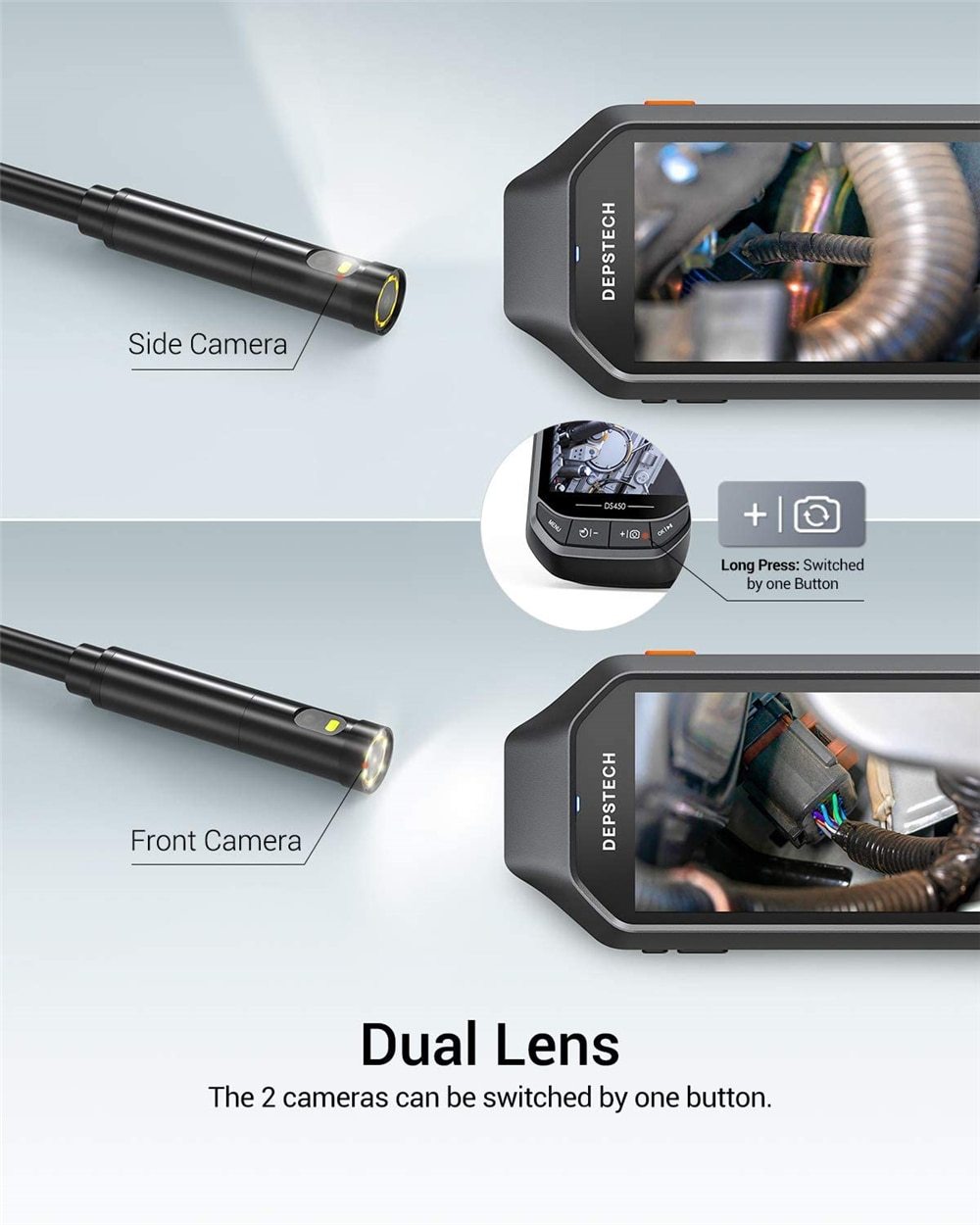 4.5in IPS Screen Digital Endoscope with dual lenses and adjustable LED lights, designed for pipe inspection and automotive use.