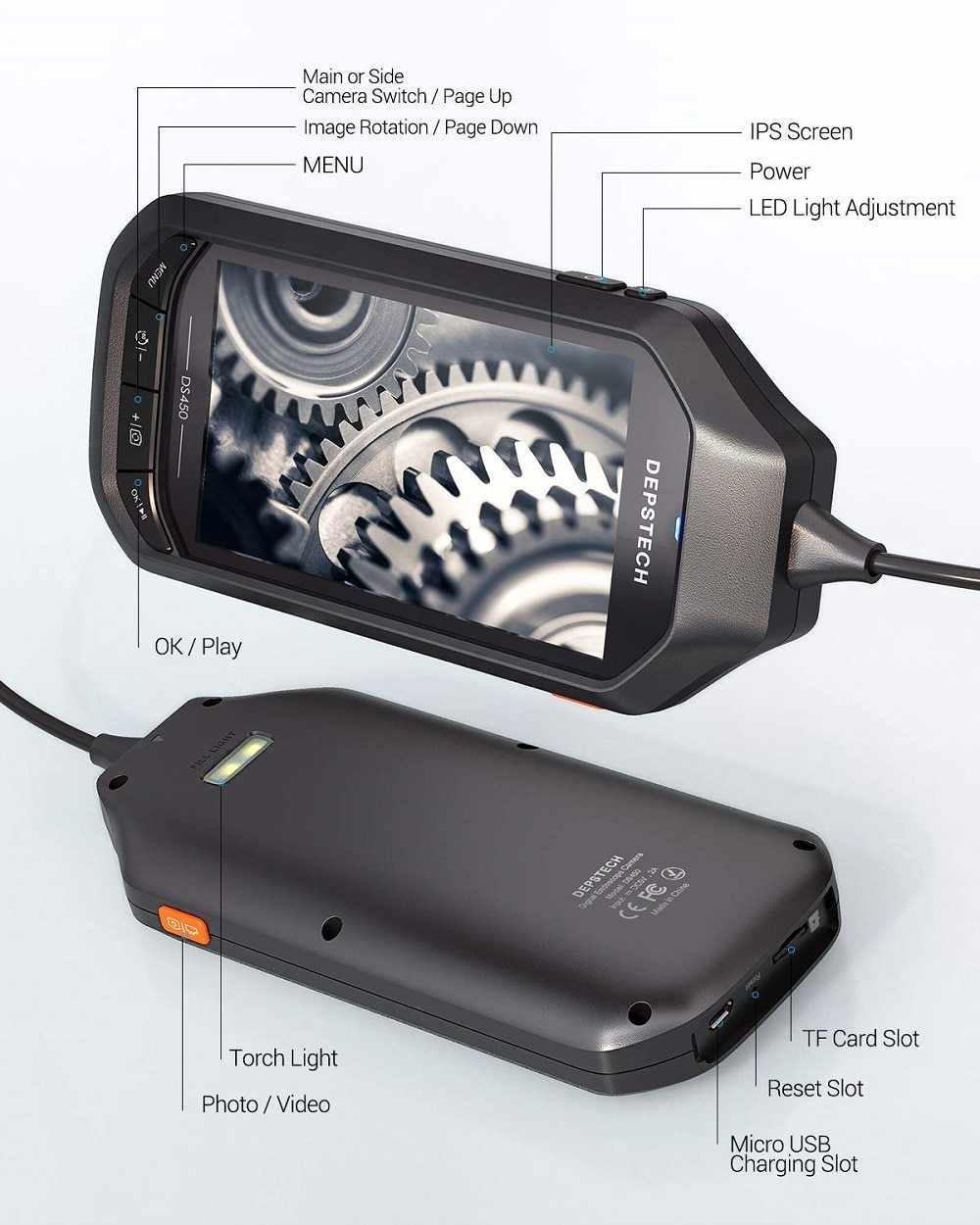 4.5in IPS Screen Digital Endoscope with dual lenses and adjustable LED lights, designed for pipe inspection and automotive use.