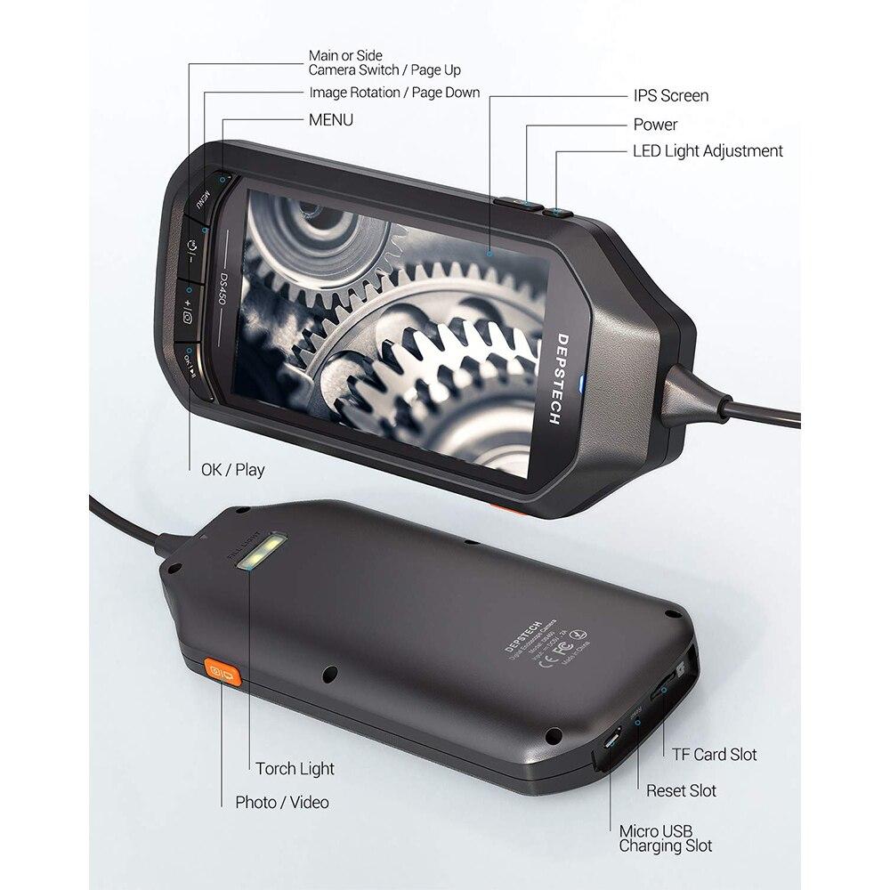 4.5in IPS Screen Digital Endoscope with dual lenses and adjustable LED lights, designed for pipe inspection and automotive use.