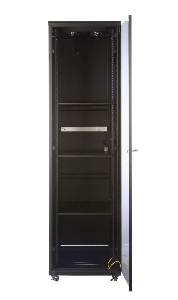 A robust 45RU server rack, 600mm wide and 1000mm deep, featuring a lockable tempered glass front door and solid steel side panels.