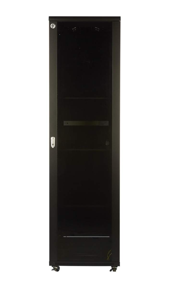 A robust 45RU server rack, 600mm wide and 600mm deep, featuring a lockable glass front door and removable side panels, ideal for data management.