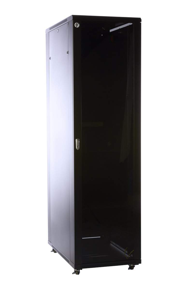 A robust 45RU server rack, 600mm wide and 800mm deep, featuring a lockable glass front door and removable side panels, ideal for secure equipment housing.