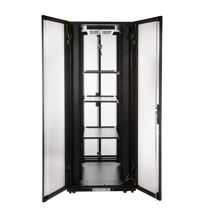 A robust 45RU server rack with bi-fold mesh doors, showcasing its sturdy construction and lockable features.