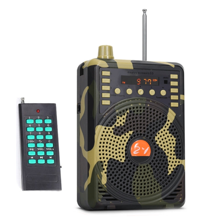 A 48W Wireless Bluetooth Voice Amplifier with remote control, showcasing its sleek design and portable camouflage bag.