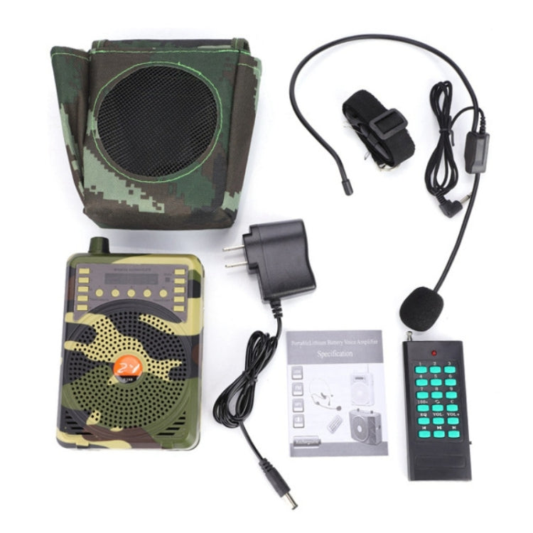 A 48W Wireless Bluetooth Voice Amplifier with remote control, showcasing its sleek design and portable camouflage bag.