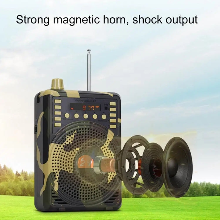 A 48W Wireless Bluetooth Voice Amplifier with remote control, showcasing its sleek design and portable camouflage bag.