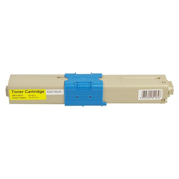 A yellow remanufactured toner cartridge labeled 44973545 #301, designed for OKI printers, showcasing its vibrant color and premium quality.