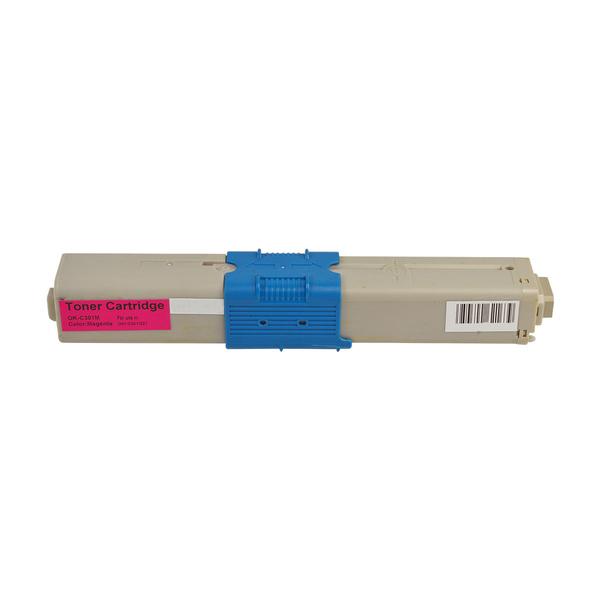 Magenta Premium Remanufactured Toner Cartridge 44973546 #301 for OKI printers, showcasing vibrant color and eco-friendly design.