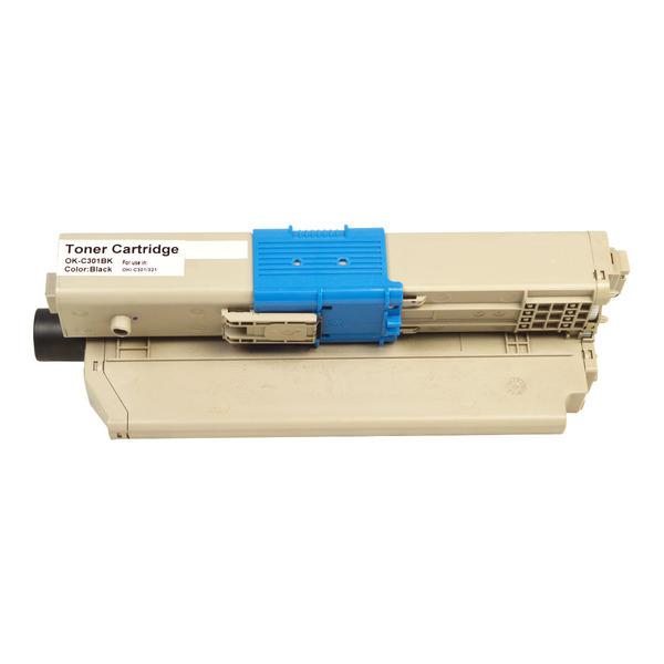 Black Premium Remanufactured Toner 44973548 #301 for OKI printers, showcasing its sleek design and packaging.