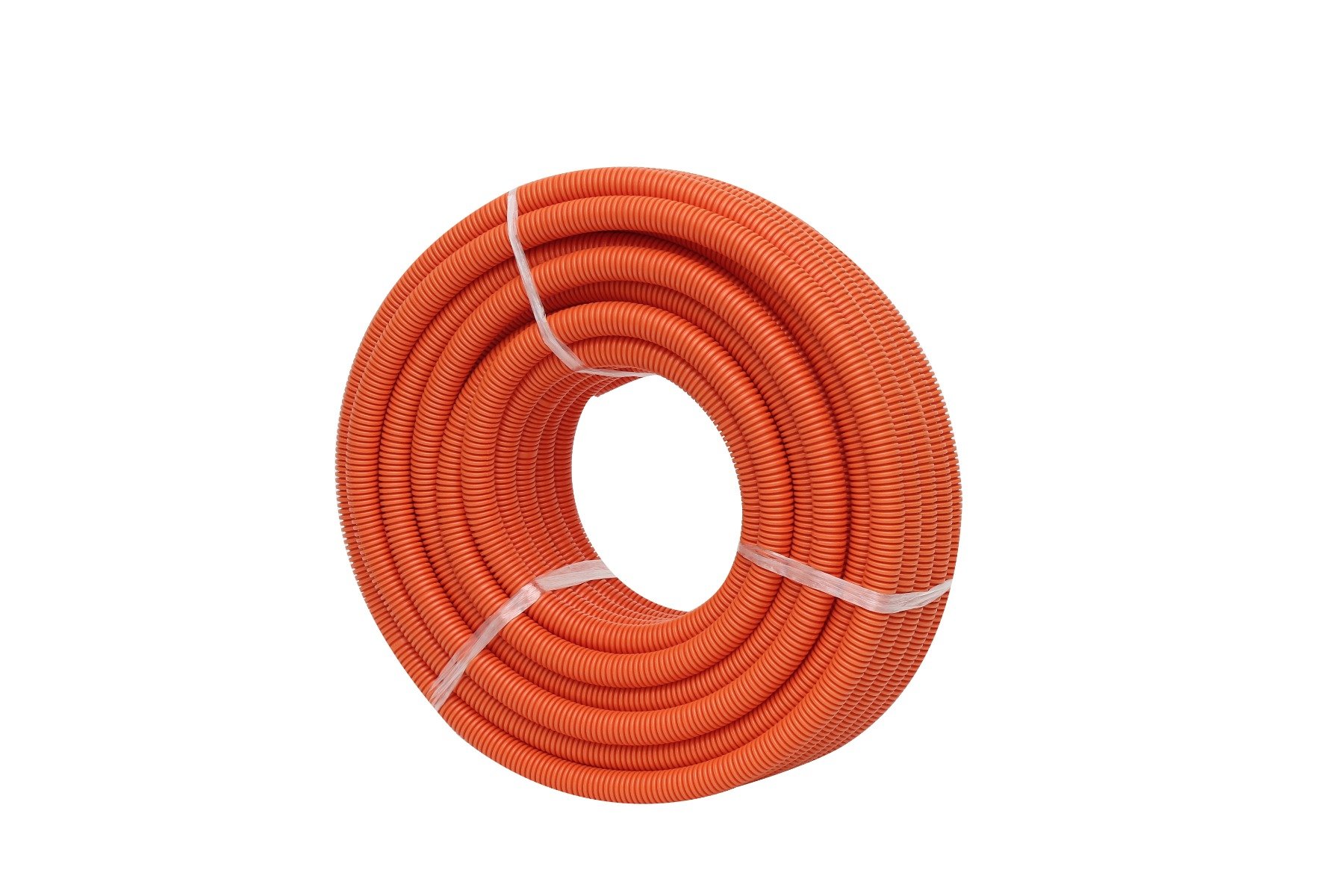 A 25-meter roll of heavy-duty orange 32mm corrugated conduit made from UV-stabilized PVC, ideal for underground installations.