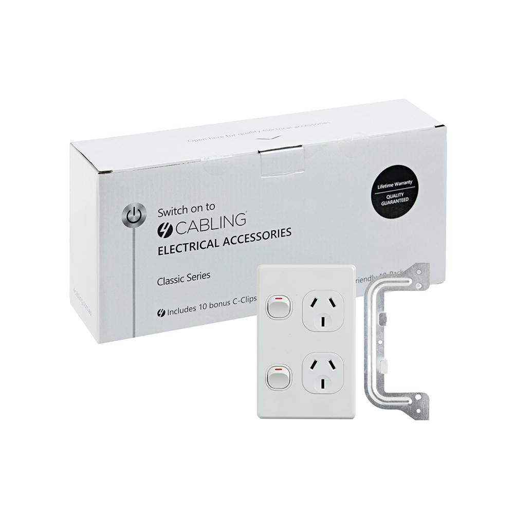 A pack of 10 Classic Double Power Points 250V 10A in white, featuring vertical orientation and polycarbonate material, ideal for residential and commercial use.