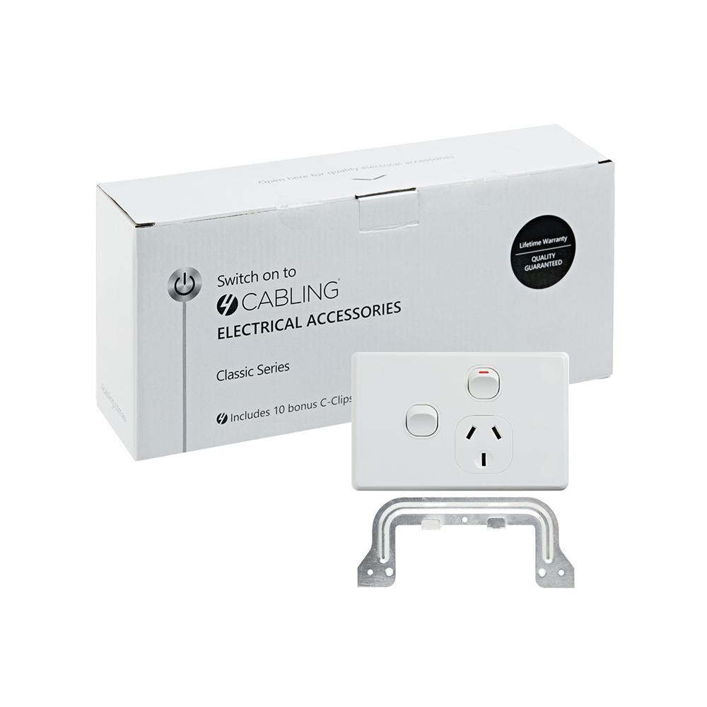 4C Classic Single Power Point 250V 10A with 16AX Extra Switch in white, showcasing its horizontal design and compact size.