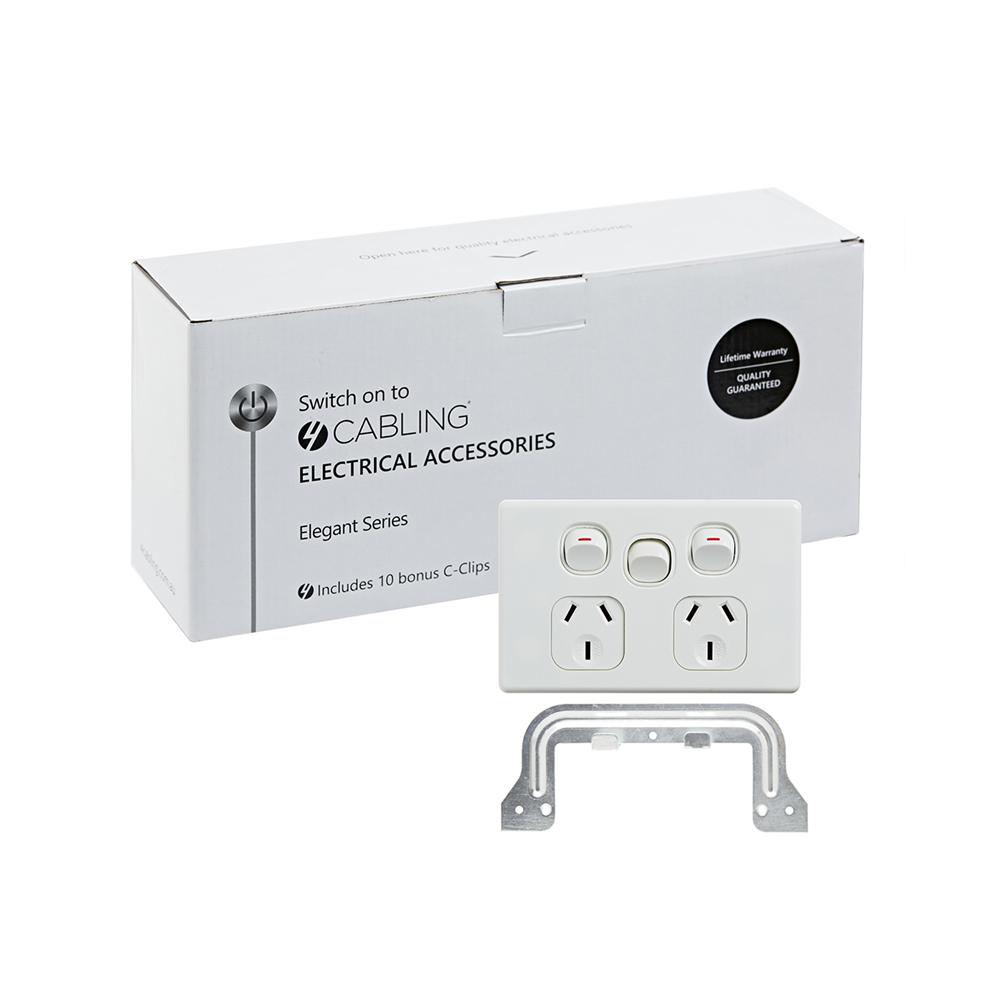 4C Elegant Double Power Point 250V 10A with Extra Switch, featuring a sleek white design and horizontal orientation, ideal for modern interiors.