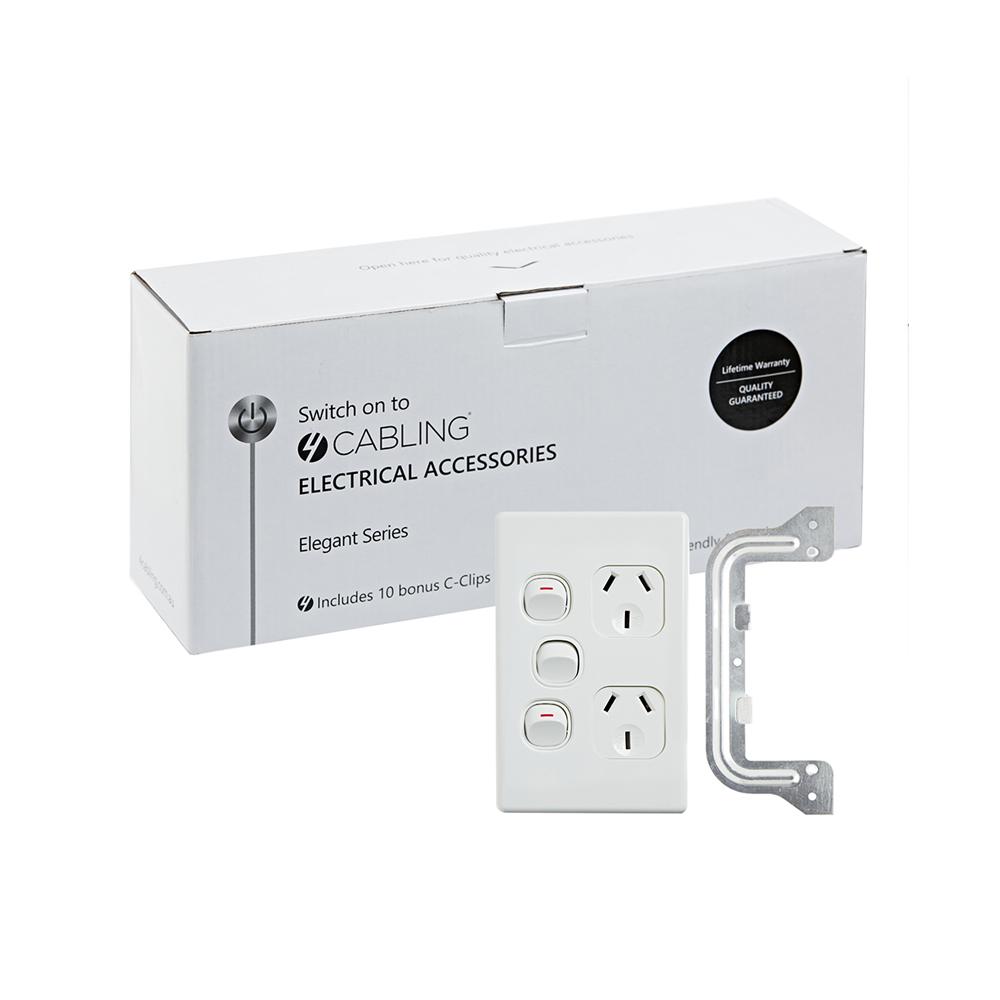 4C Elegant Double Power Point 250V 10A with Extra Switch in white, showcasing its slimline design and vertical orientation.