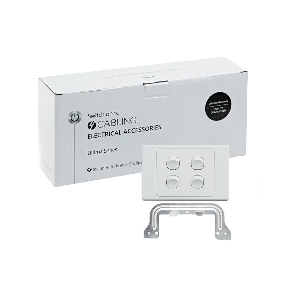 4C Ultima 4 Gang Switch 250V 16AX in white, horizontal design, packaged in a 10 pack with C-Clips.