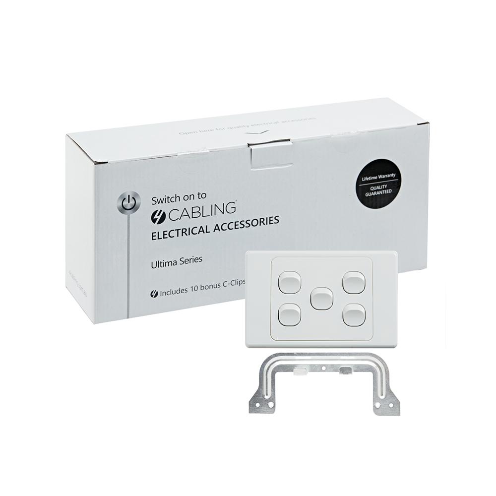 4C Ultima 5 Gang Switch 250V 16AX in horizontal orientation, showcasing a sleek white design, ideal for modern interiors.