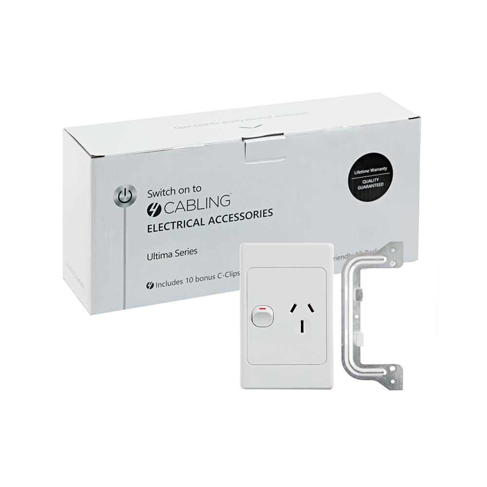 4C Ultima Single Power Point 250V 15A in white, vertical design, packaged in a 10 pack with C-Clips.