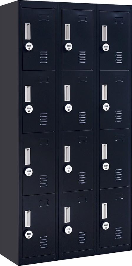 Light grey 12-door locker with 4-digit combination locks, featuring built-in ventilation slits and a durable steel construction.