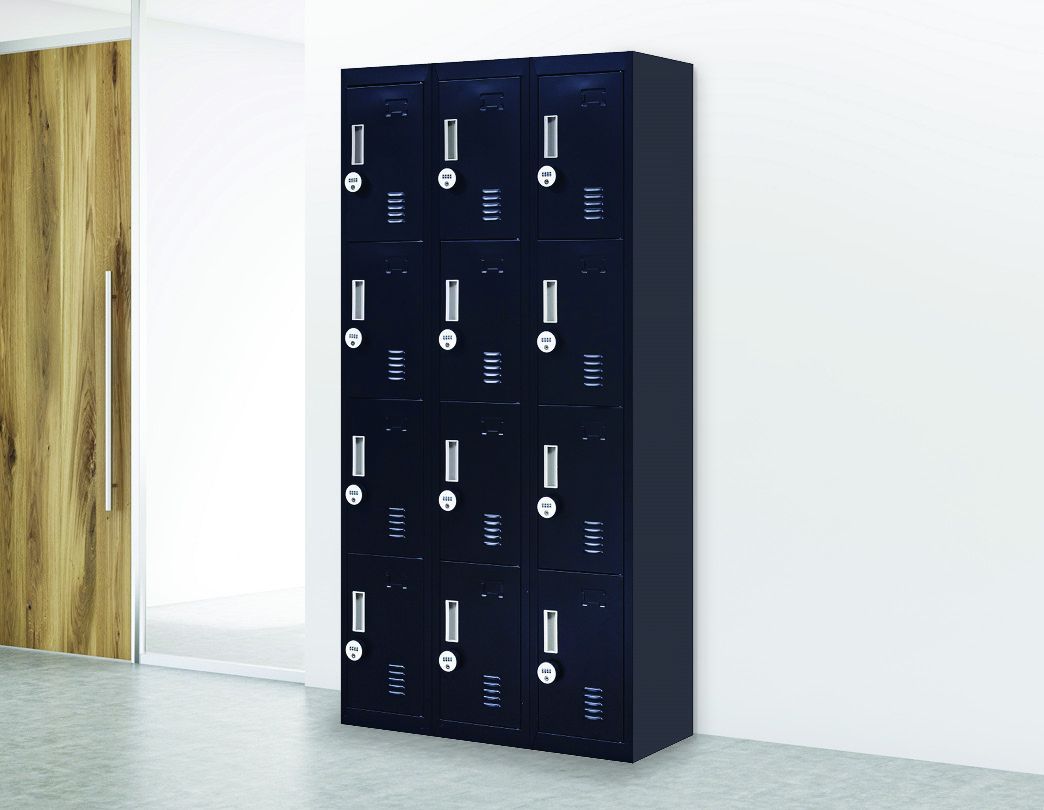 Light grey 12-door locker with 4-digit combination locks, featuring built-in ventilation slits and a durable steel construction.