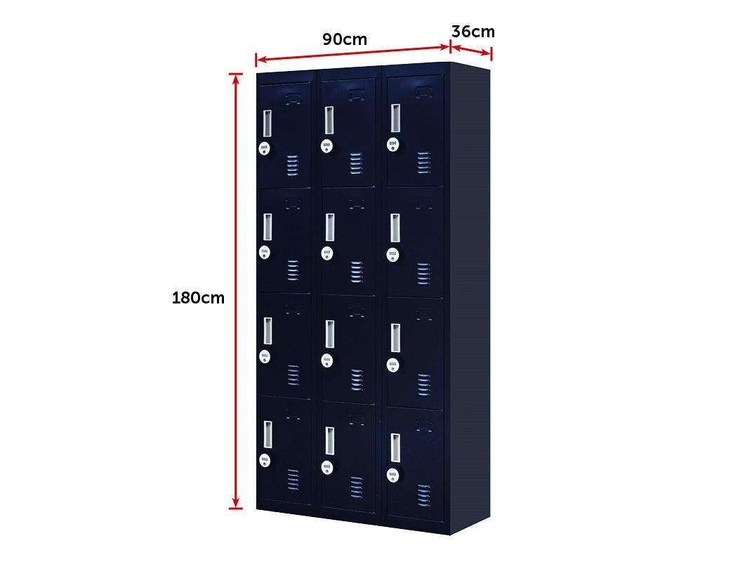 Light grey 12-door locker with 4-digit combination locks, featuring built-in ventilation slits and a durable steel construction.