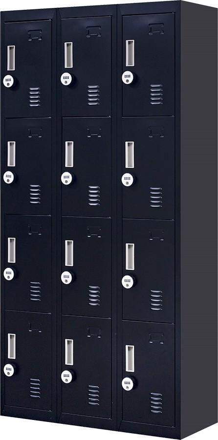 Light grey 12-door locker with 4-digit combination locks, featuring built-in ventilation slits and a durable steel construction.