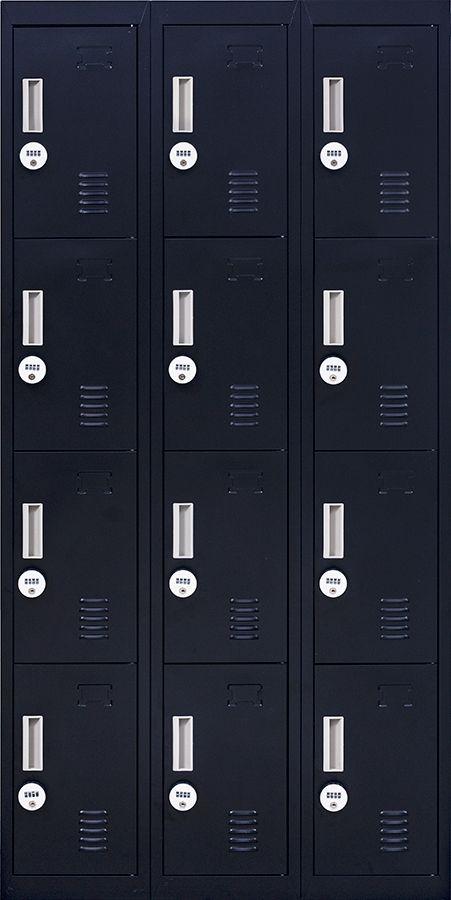 Light grey 12-door locker with 4-digit combination locks, featuring built-in ventilation slits and a durable steel construction.