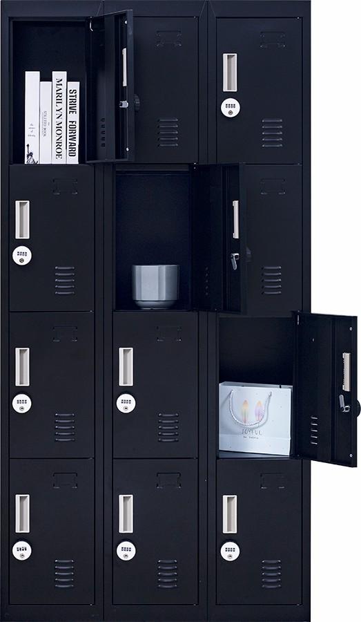 Light grey 12-door locker with 4-digit combination locks, featuring built-in ventilation slits and a durable steel construction.