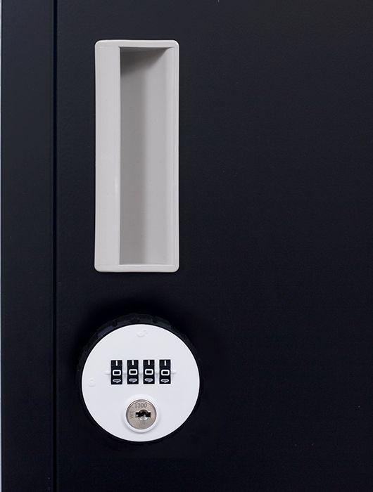 Light grey 12-door locker with 4-digit combination locks, featuring built-in ventilation slits and a durable steel construction.