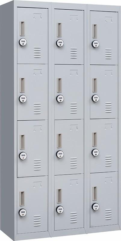 Light grey 4-digit combination lock locker with 12 compartments, ideal for offices and gyms.