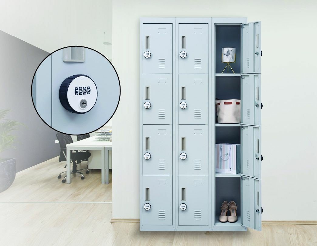 Light grey 4-digit combination lock locker with 12 compartments, ideal for offices and gyms.