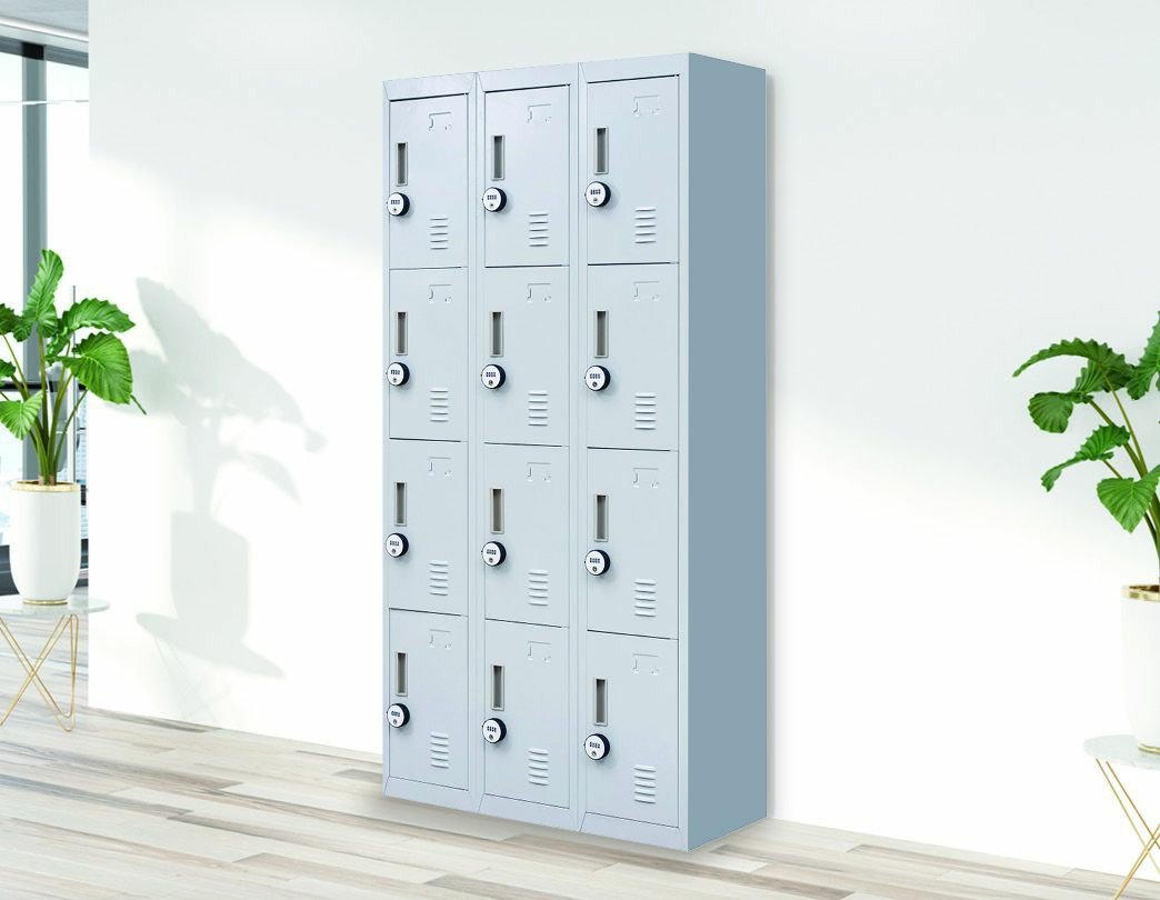 Light grey 4-digit combination lock locker with 12 compartments, ideal for offices and gyms.