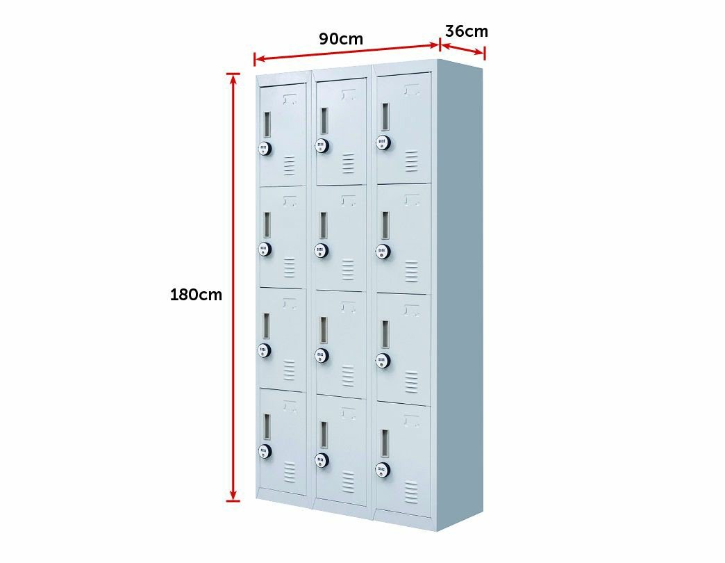 Light grey 4-digit combination lock locker with 12 compartments, ideal for offices and gyms.